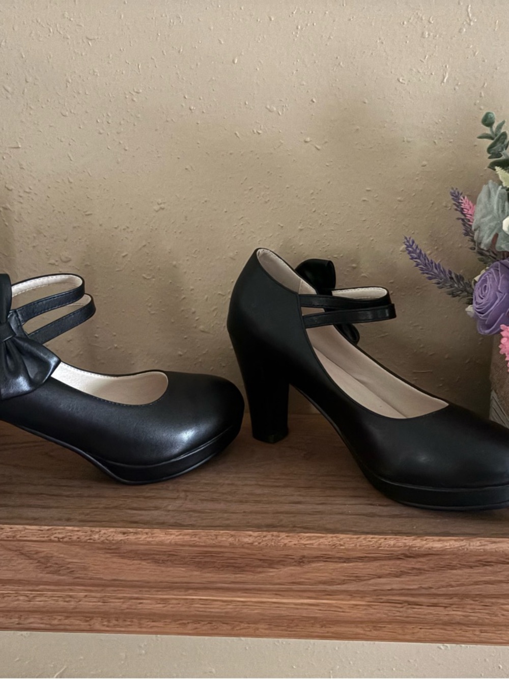 Obetina Obetine Black Mary Jane Block Heel Pumps with Double Ankle Straps bows
